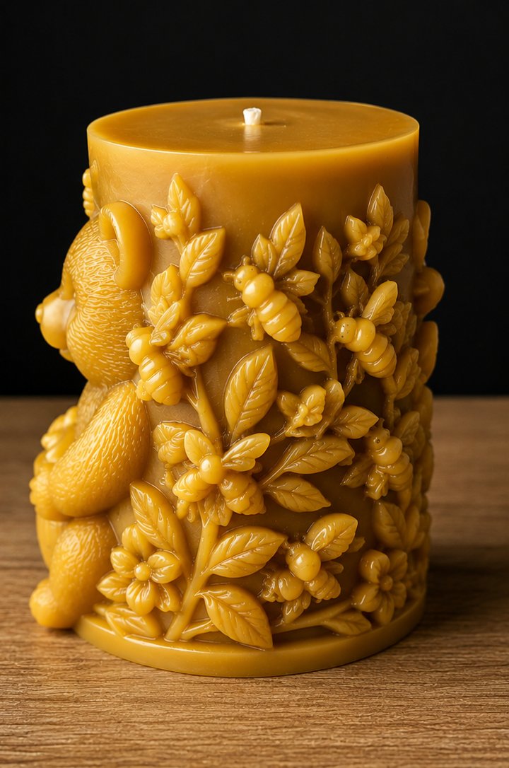 Bijenwaskaars van MikkyFast Gold Nectar, achteraanzicht met bloemmotief
