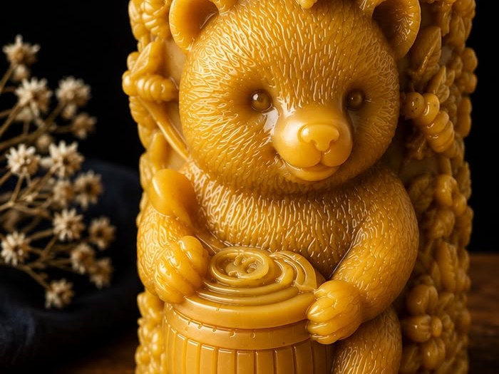 Handgemaakte bijenwaskaars Beer van MikkyFast Gold Nectar, gegoten uit 100% bijenwas met honingpot en bloemmotief