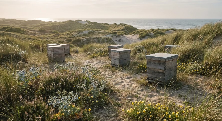 Bijenkasten van MikkyFast Gold Nectar tussen de duinen en wilde bloemen bij Zandvoort